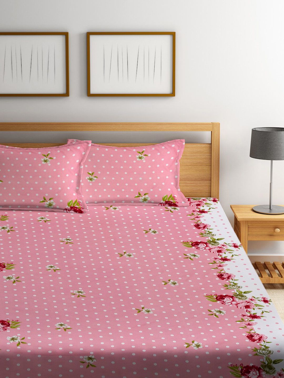 KLOTTHE Floral 300 TC Fitted Double King Bedsheet Set with 2 pillow covers