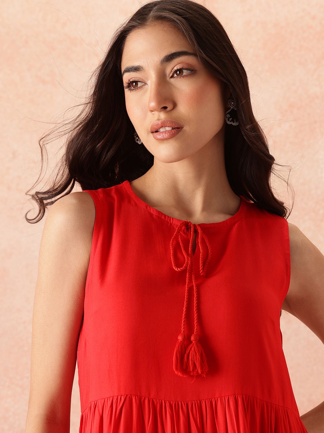 all about you Tie-Up Neck A-Line Tiered Midi Dress