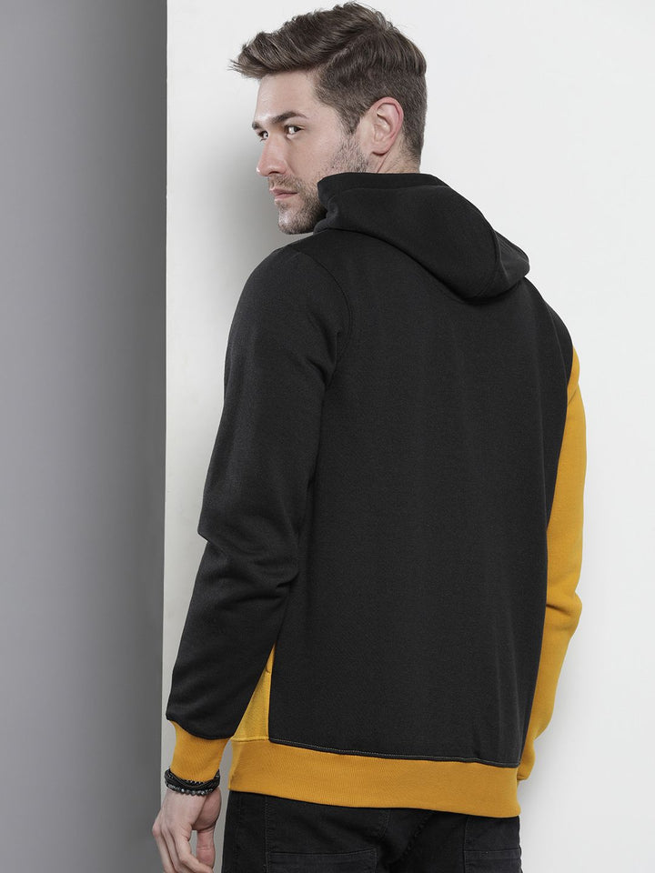 The Indian Garage Co Men Black & Yellow Colourblocked Hooded Sweatshirt