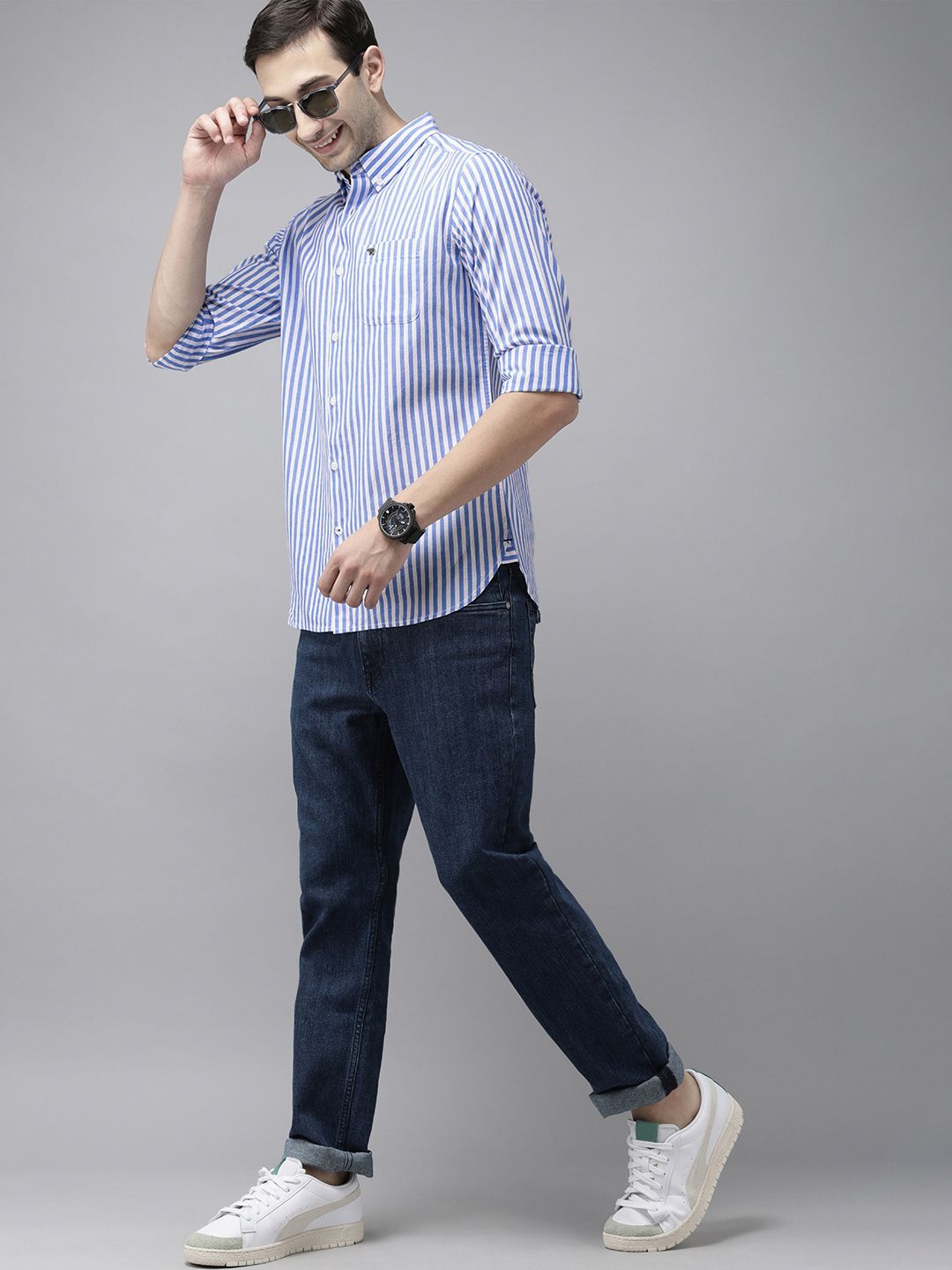 THE BEAR HOUSE Men Blue Slim Fit Bengal Stripes Casual Shirt