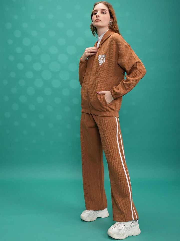 Tokyo Talkies Brown Self-Design Hooded Jacket With Track Pant Co-Ords