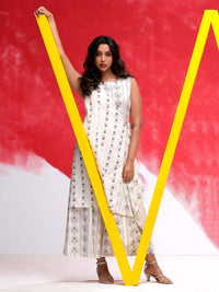 W Off-White & Grey Ethnic Motifs Printed Layered Basic Jumpsuit