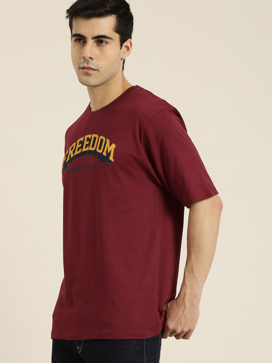 DILLINGER Men Maroon & Yellow Typography Printed Drop-Shoulder Sleeves Pure Cotton Oversized  T-shirt