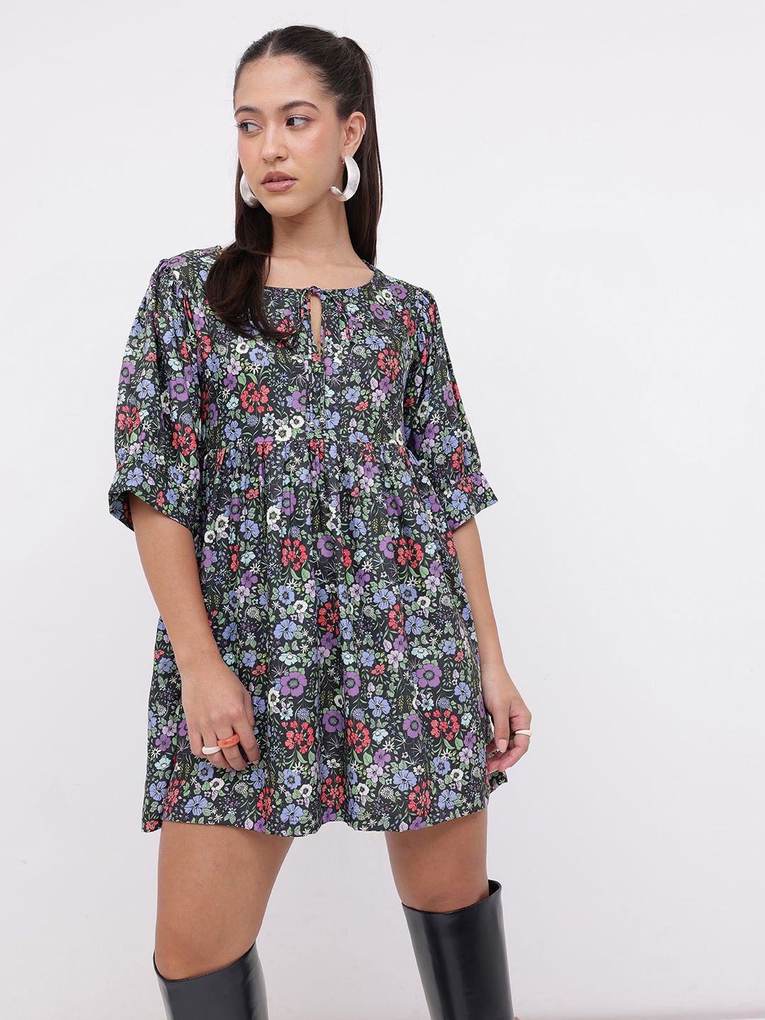 DressBerry DressBerry Live Simply Floral Printed Gathered A-Line Mini Dress