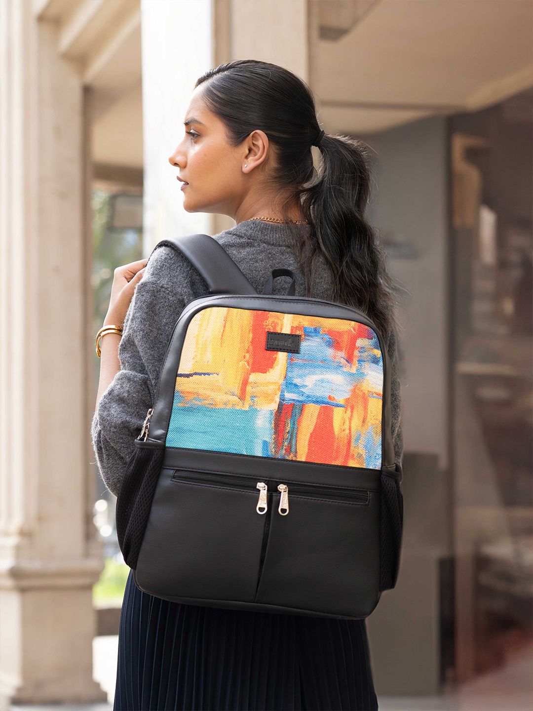 ZOUK Women Abstract Printed Vegan Leather Backpack With Compression Straps-Up to 16 inch