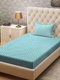 KLOTTHE Turquoise Blue & White Geometric Printed 300TC Single Bedsheet & 1 Pillow Covers