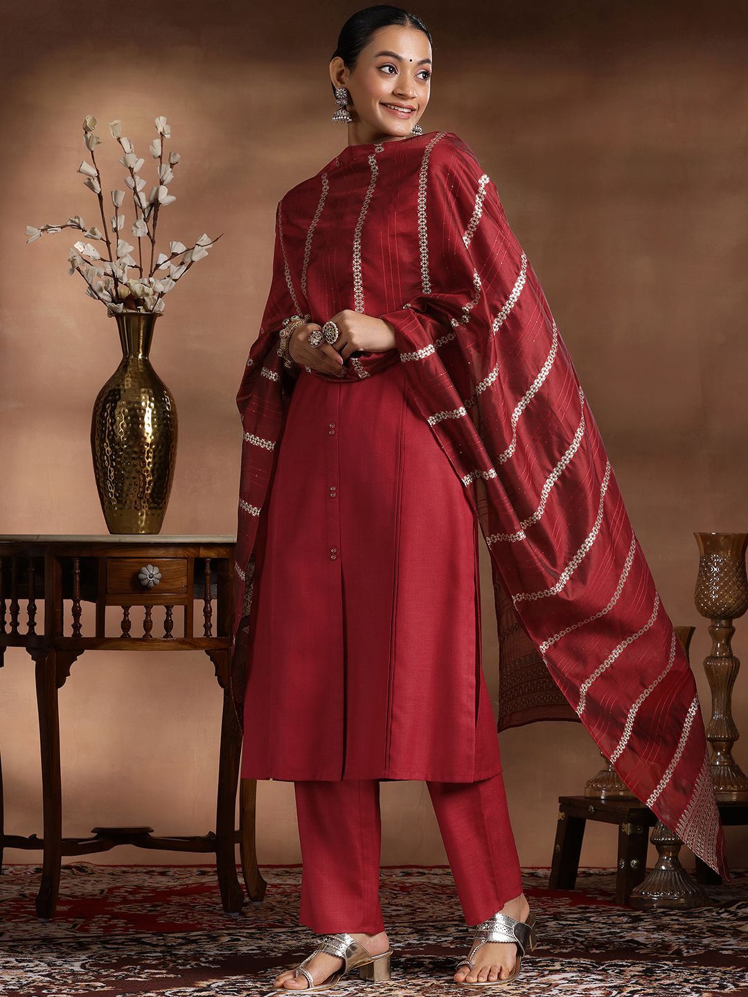 Libas Round Neck Pleated Straight Kurta with Trousers & Dupatta