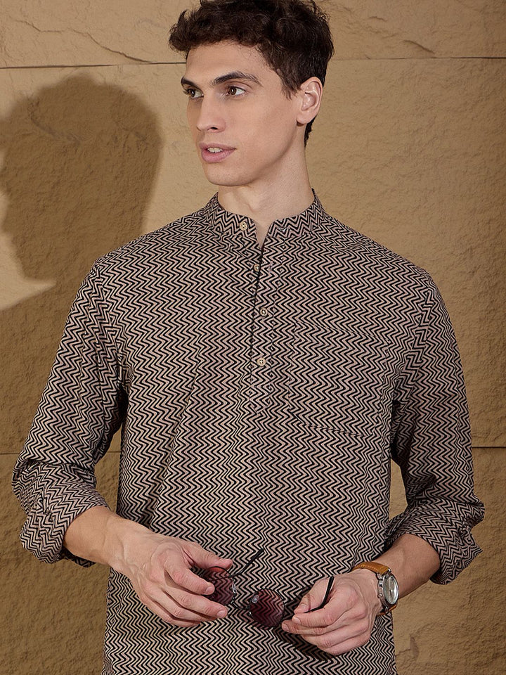 DENNISON Chevron Printed Pure Cotton Band Collar Straight Kurta