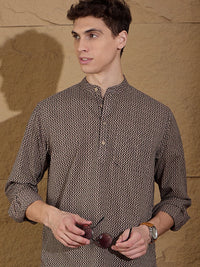 DENNISON Chevron Printed Pure Cotton Band Collar Straight Kurta