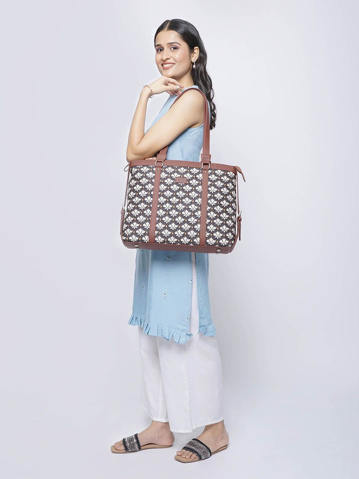 ZOUK Black Floral Print Structured Laptop Handbag