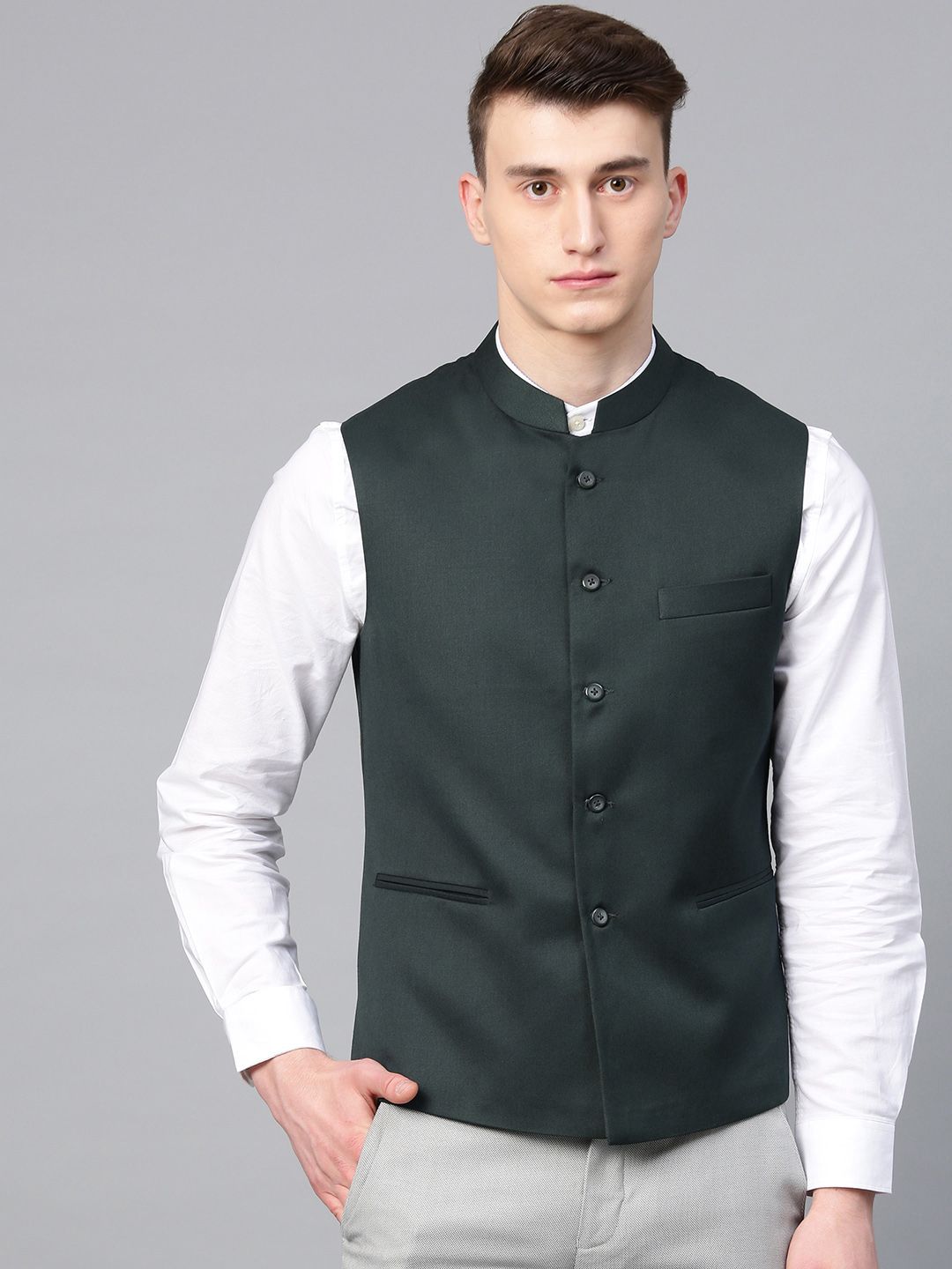 MANQ Men Green Slim Fit Solid Nehru Jacket