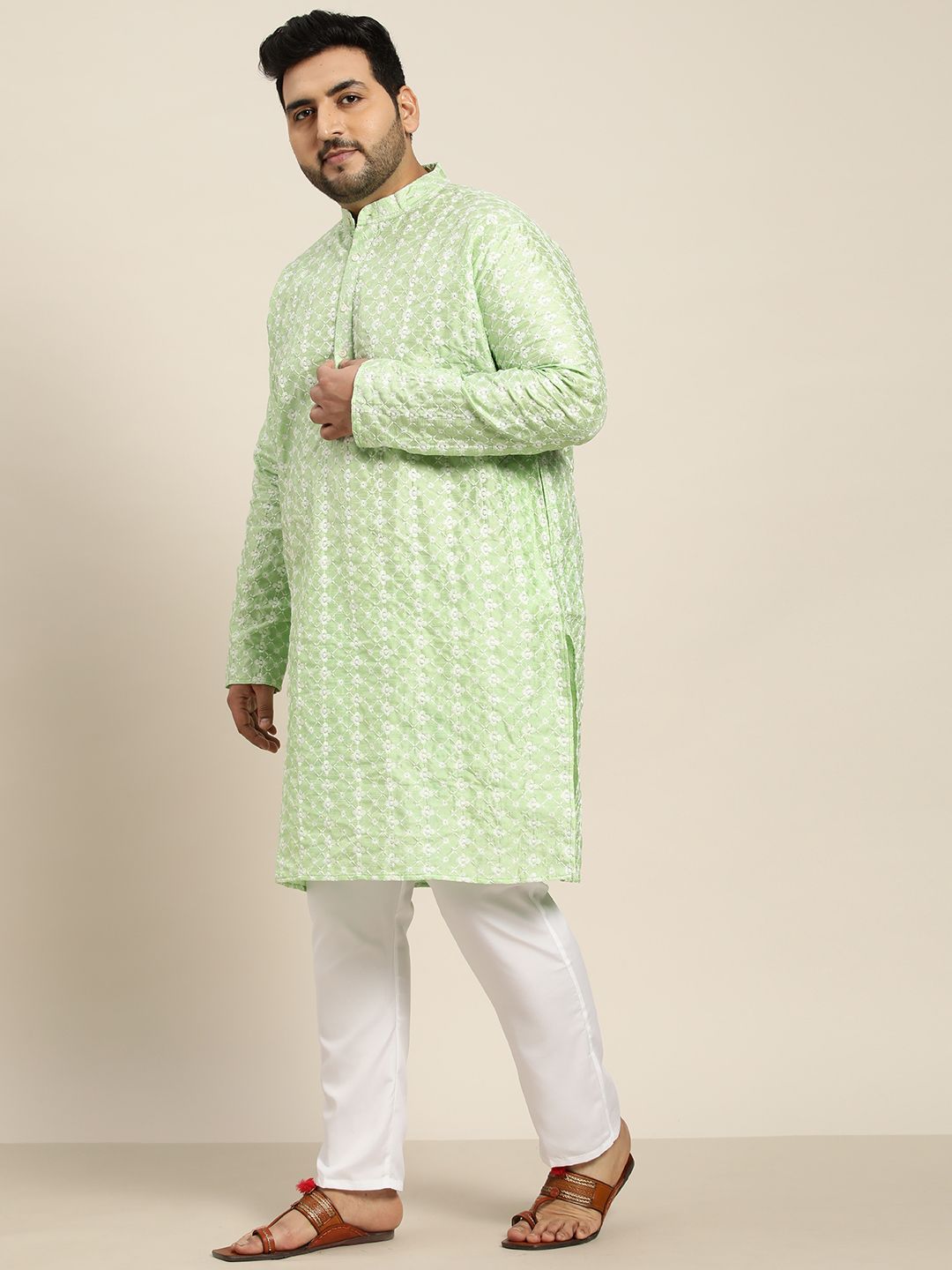 SOJANYA PLUS Men Sea Green Chikankari Embroidered Kurta with Churidar & Nehru Jacket