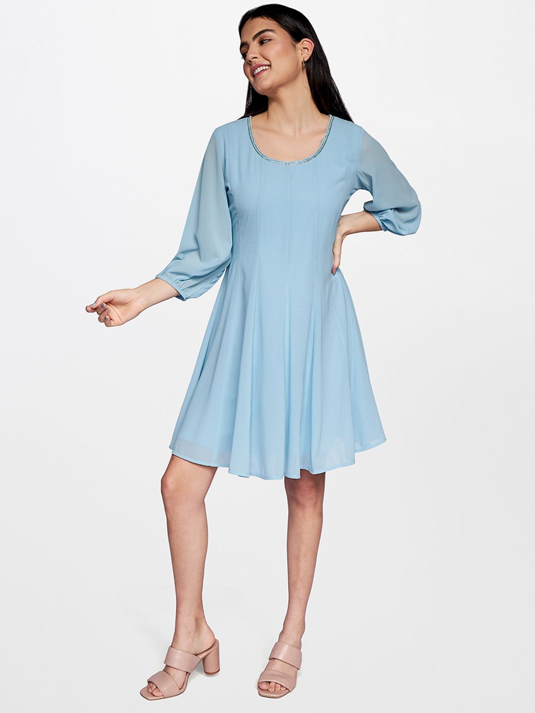 AND Blue Solid Gathered A-Line Dress