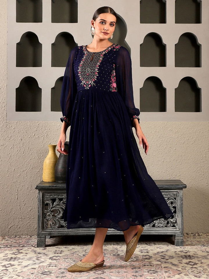 W Floral Embroidered Puff Sleeves Maxi Dress