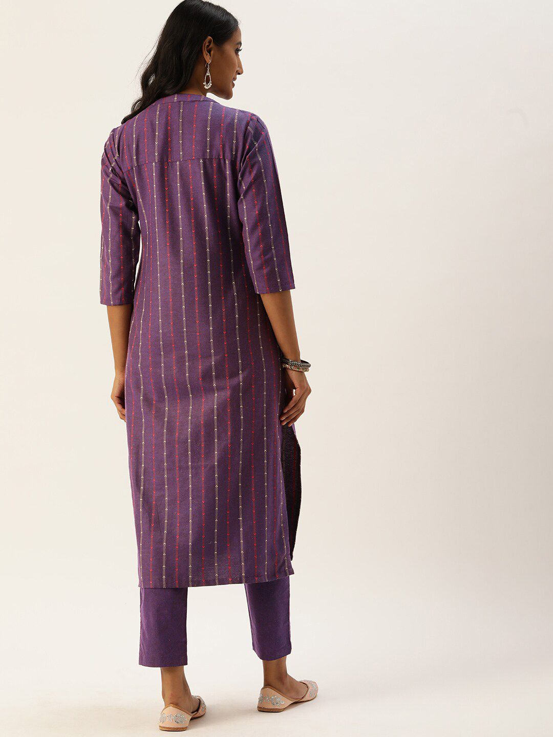 KALINI Striped Printed Mandarin Collar Three-Quarter SleevesThread Work Kurta Set