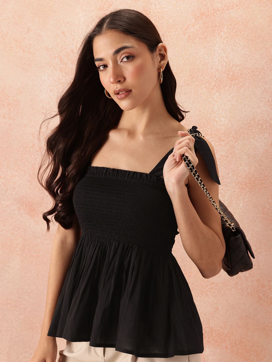 all about you Smocked Effect Tie-Up Detail Shoulder Straps Pure Cotton Peplum Top