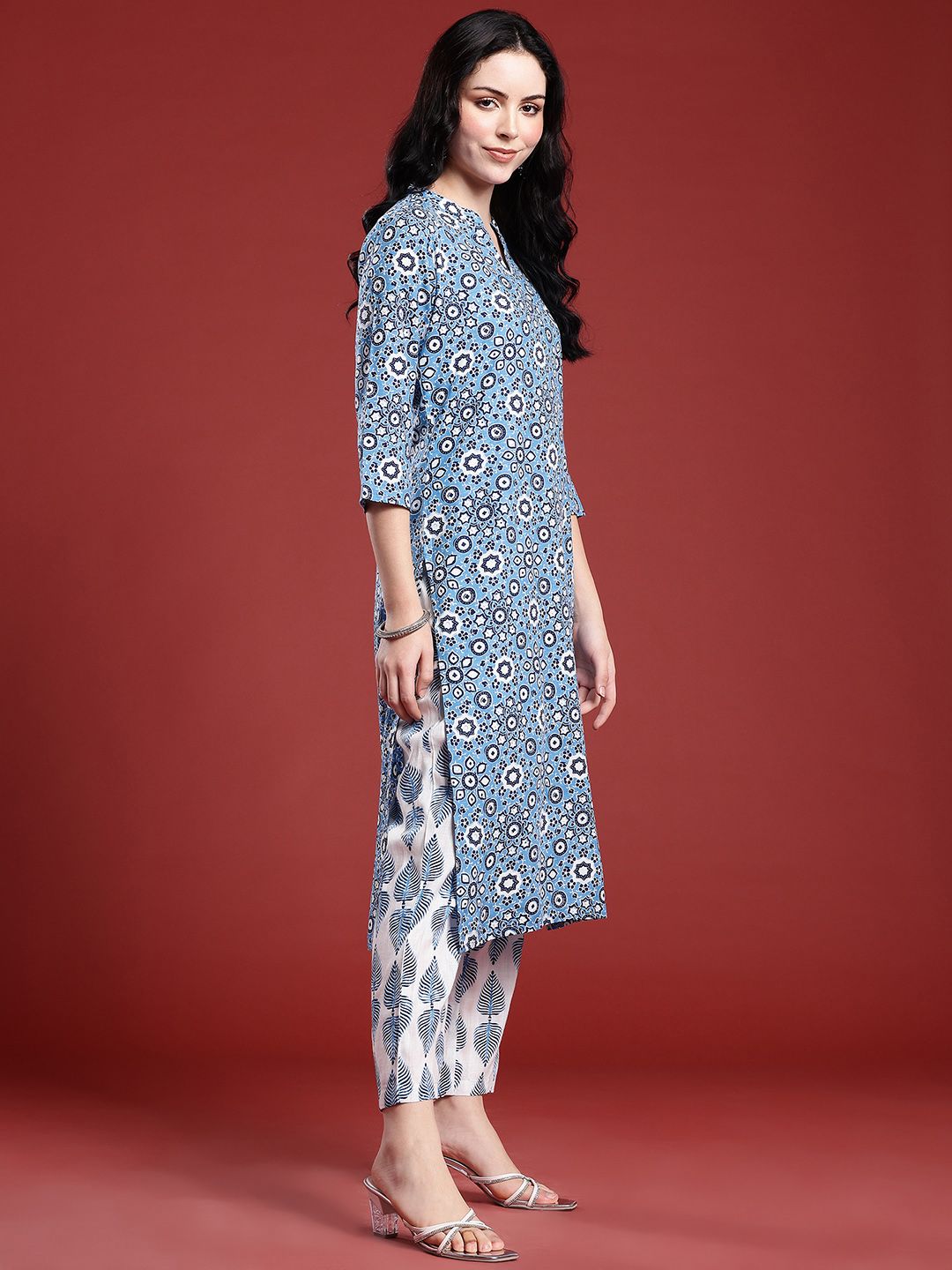 Anouk Ethnic Motifs Printed Band Collar Straight Kurta with Trousers & Dupatta