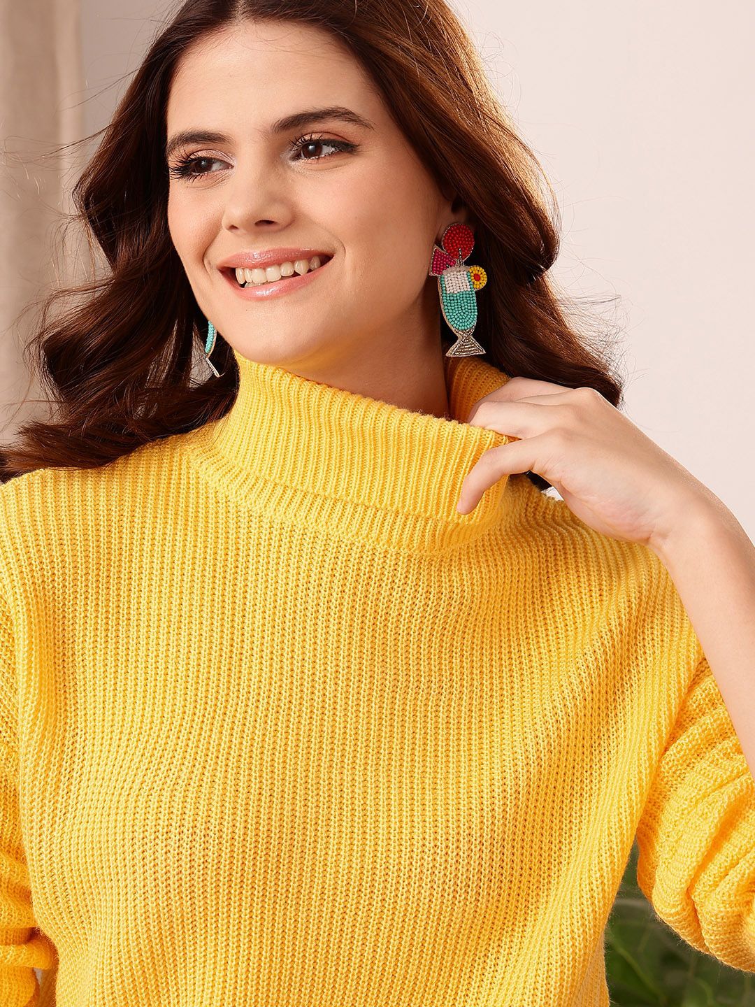 STREET 9 Yellow Ribbed Turtle Neck Acrylic Pullover Sweater