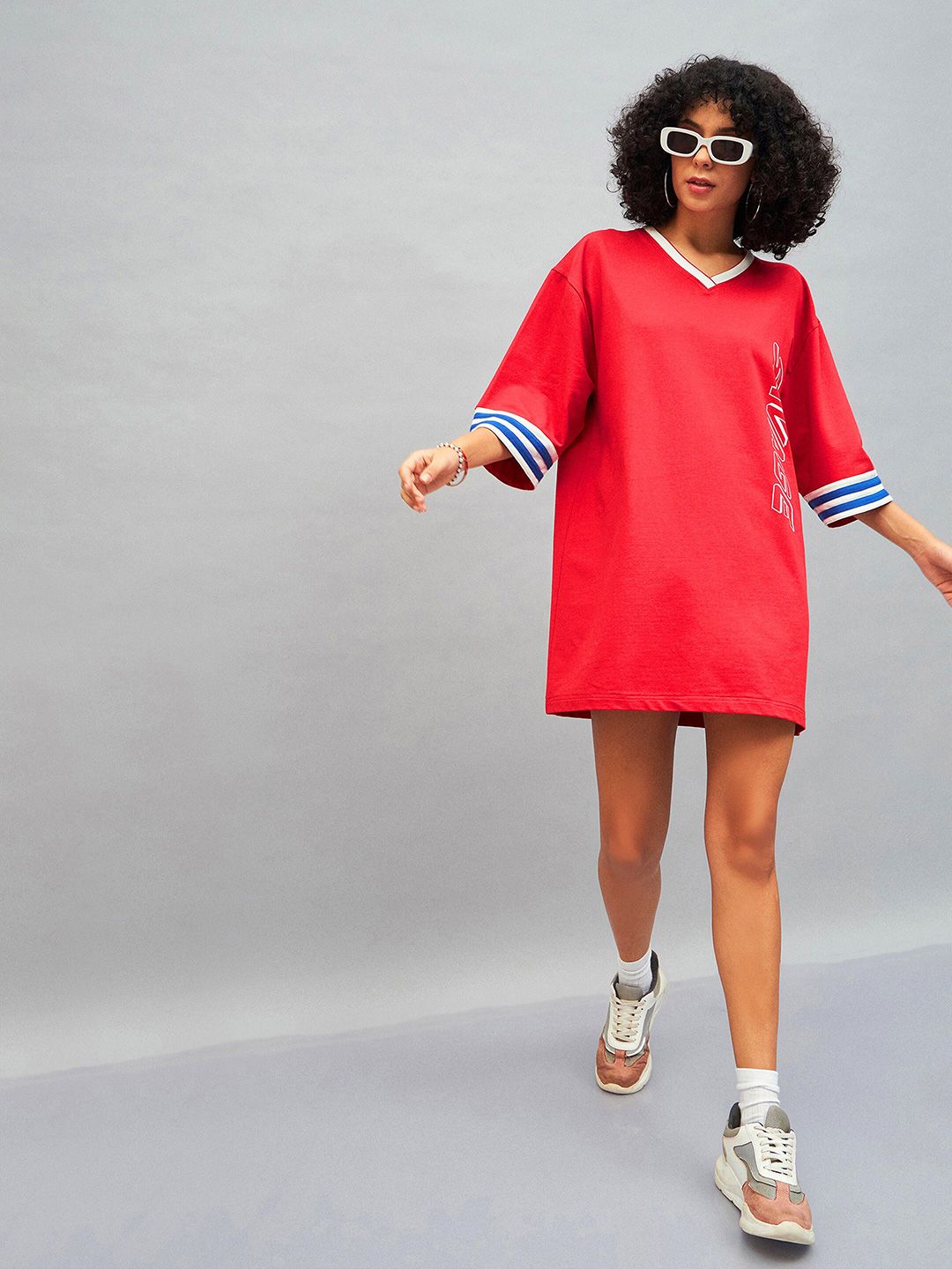 SASSAFRAS Red Typography Printed Cotton T-shirt Mini Dress