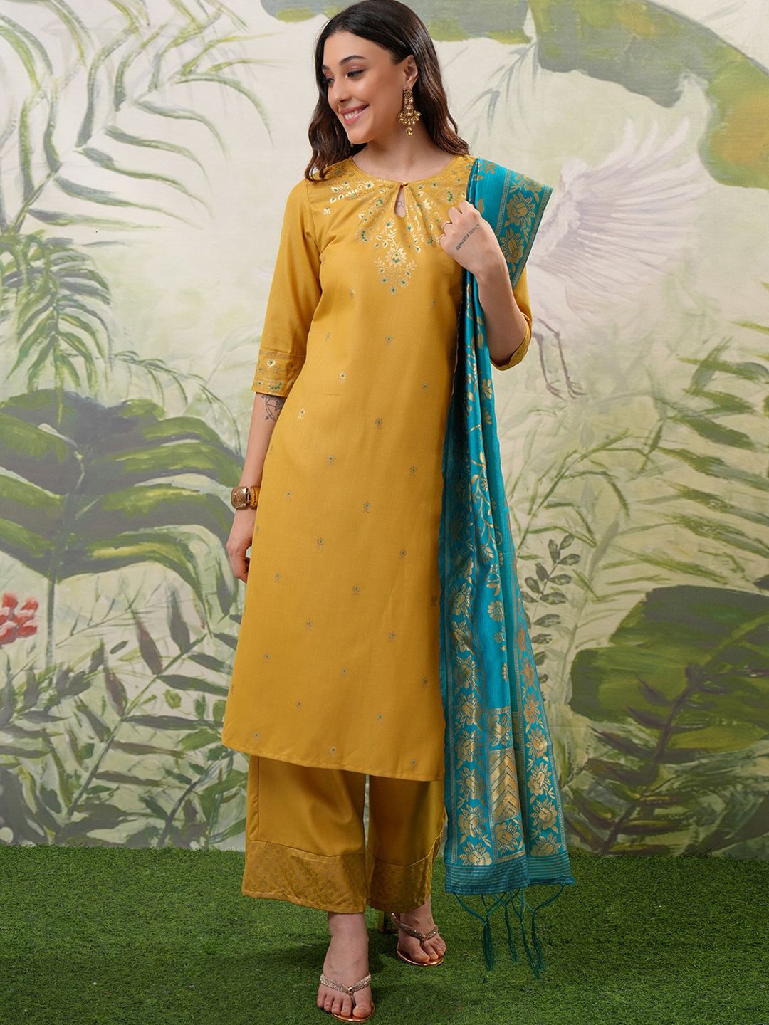 Vishudh Yellow Floral Printed Regular Kurta with Palazzo & Dupatta