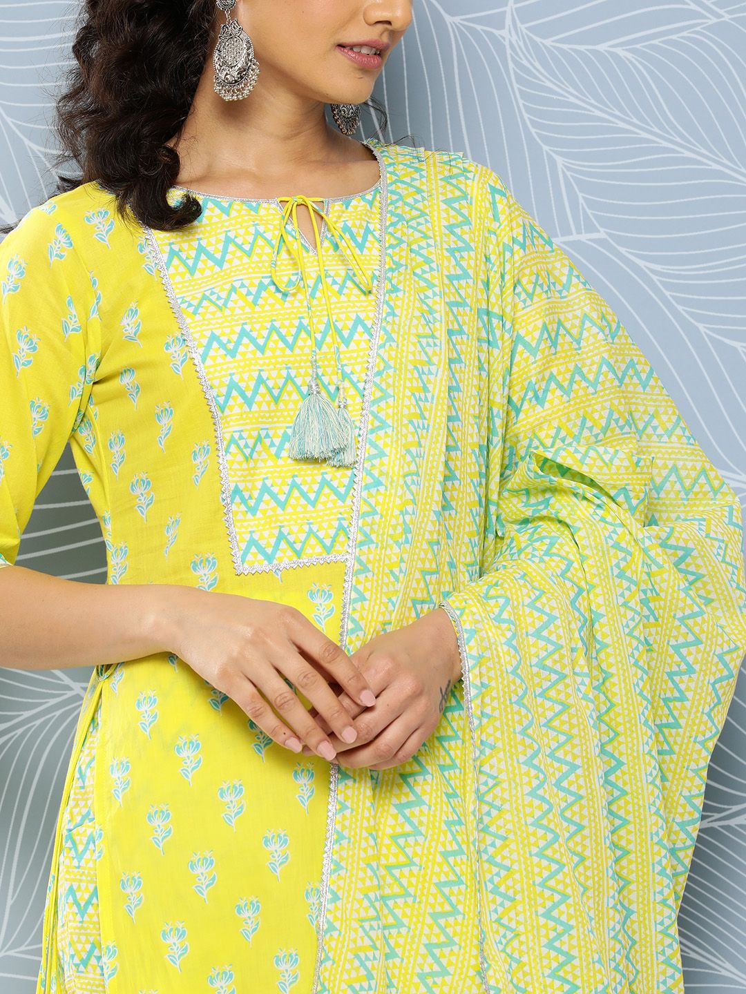 Libas Floral Yoke Design Gotta Patti Pure Cotton Kurta With Trousers & With Dupatta