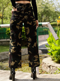 STREET 9 Women Olive Green High-Rise Relaxed Straight Leg Camouflage Printed Trousers