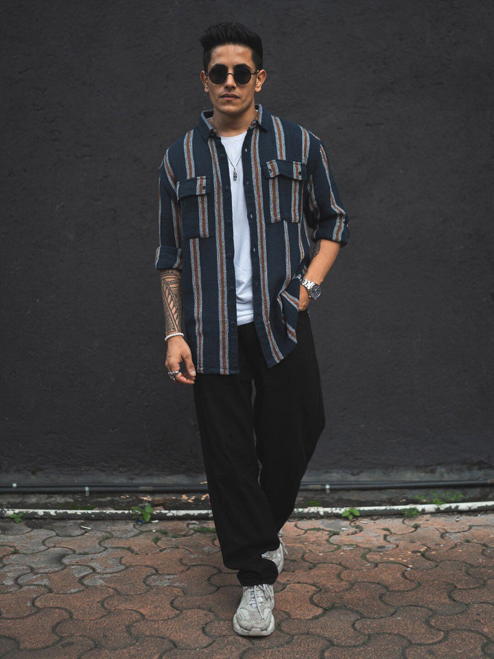 Powerlook Blue India Slim Striped Oversized Casual Shirt