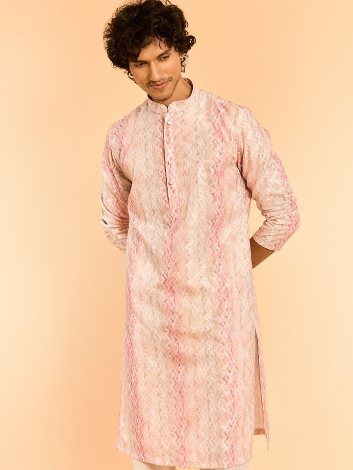 Diwas by Manyavar Geometric Printed Sequinned Mandarin Collar Cotton Straight Kurta