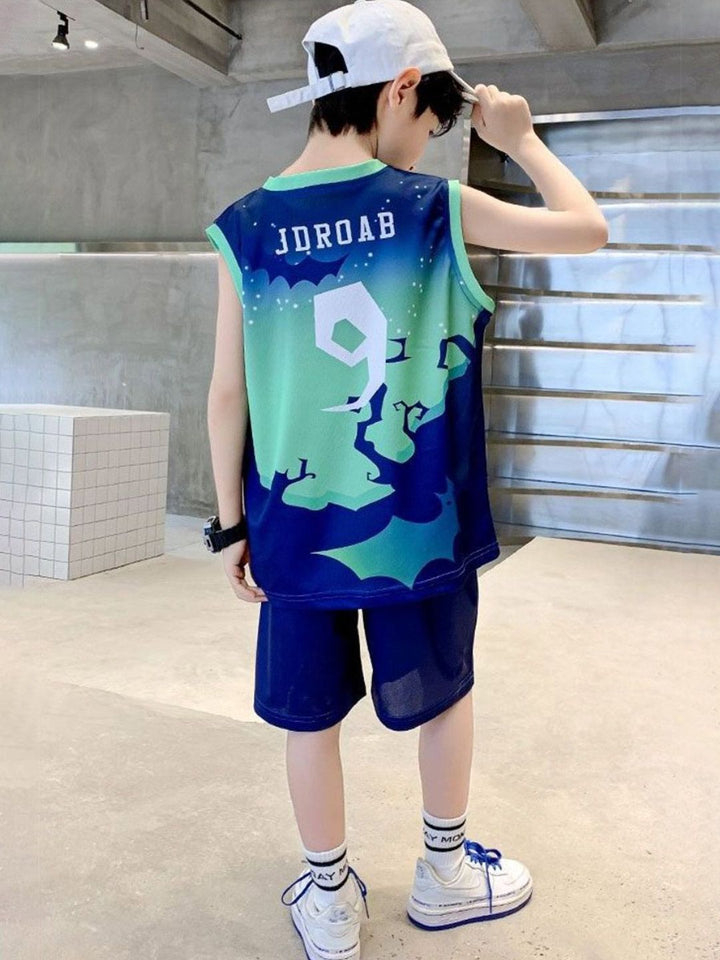 YK Boys Dicetak T-Shirt Leher Bulat dengan Seluar pendek