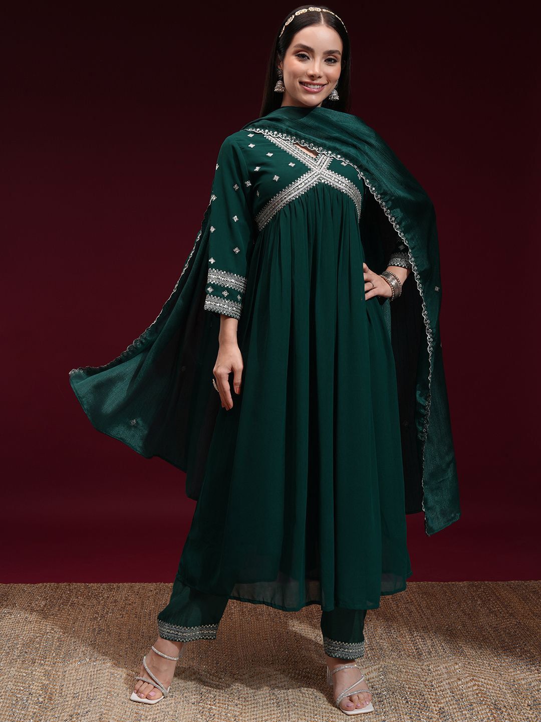 Vishudh Women Embroidered Kurta with Pant and Chinon Chiffon Dupatta