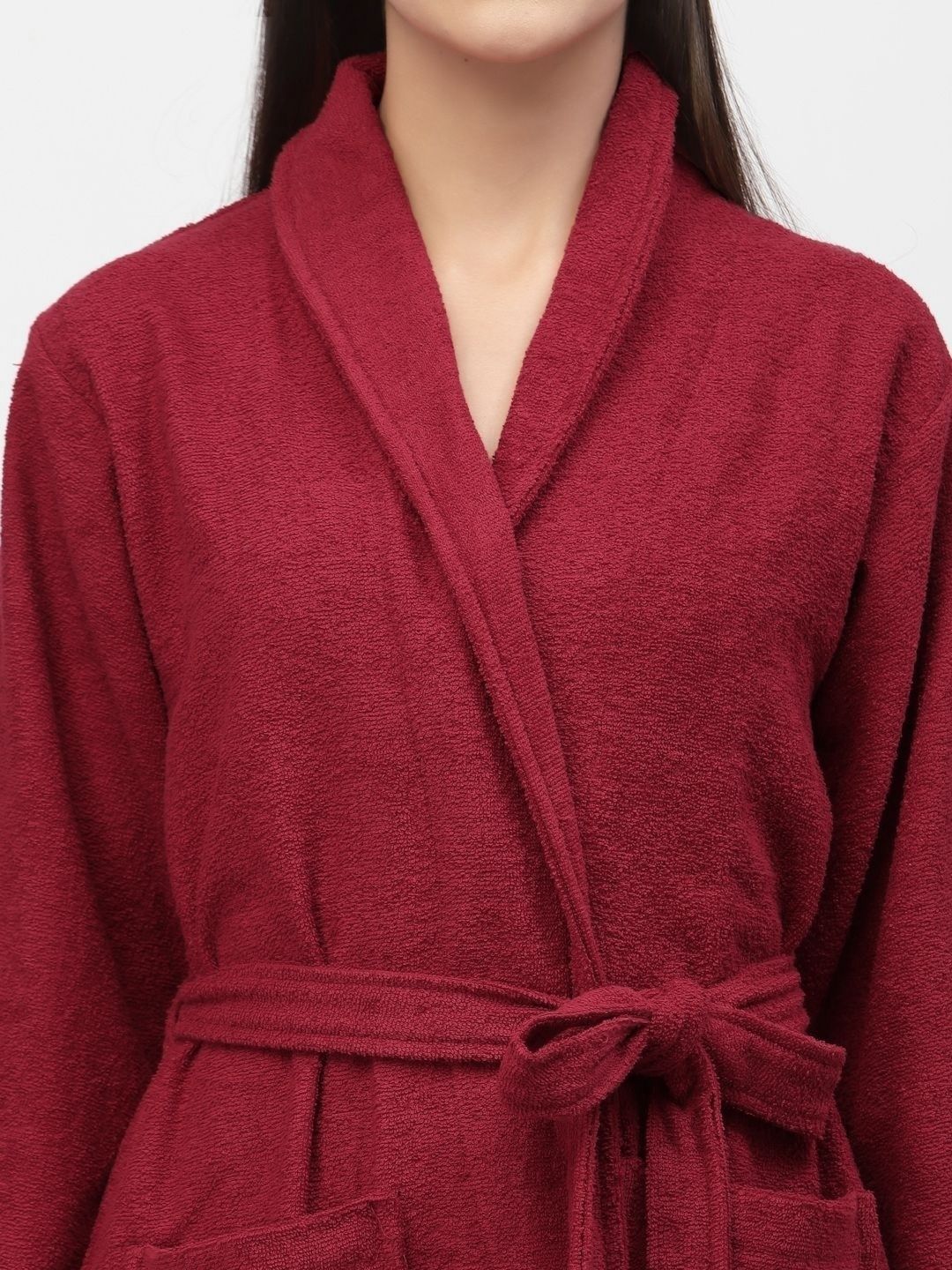 BOMBAY DYEING Maroon Pure Cotton Bath Robe With Waist belt