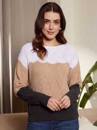 Berrylush White & Brown Colourblocked Tound Neck Acrylic Pullover Sweater