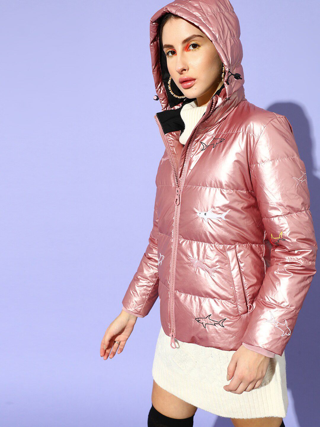 STREET 9 Women Pink Floral Longline Padded Jacket