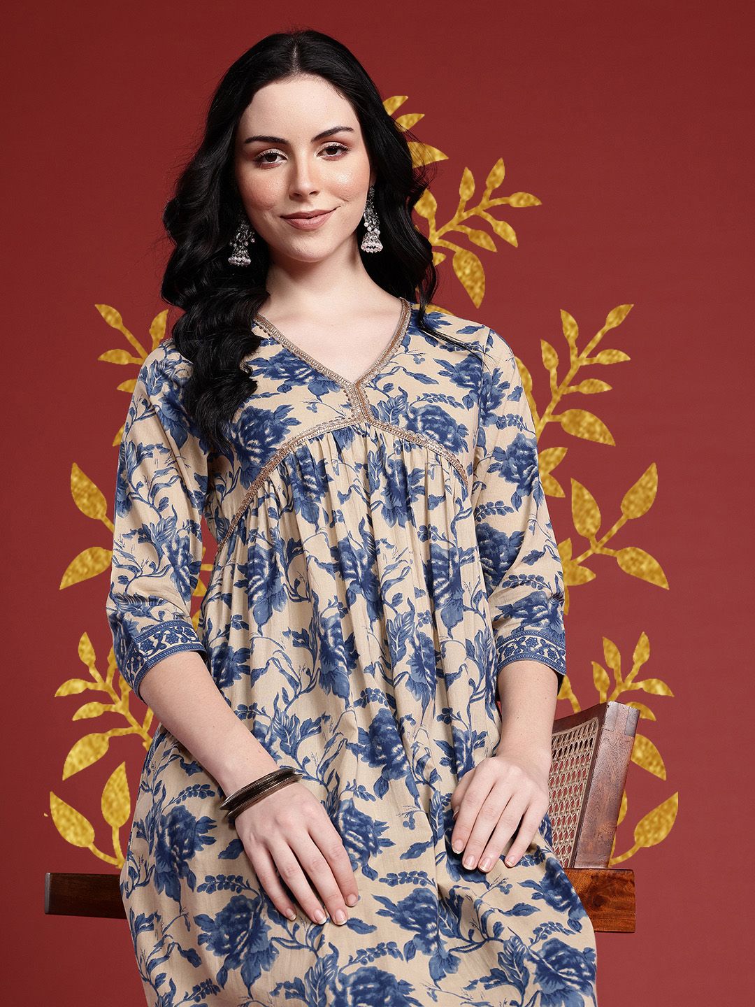 Anouk Women Gotta Patti Floral Printed Pleated Kurta with Trousers