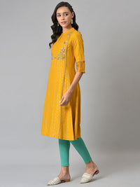 W Women Yellow & Turquoise Blue Floral Printed Thread Work Kurta