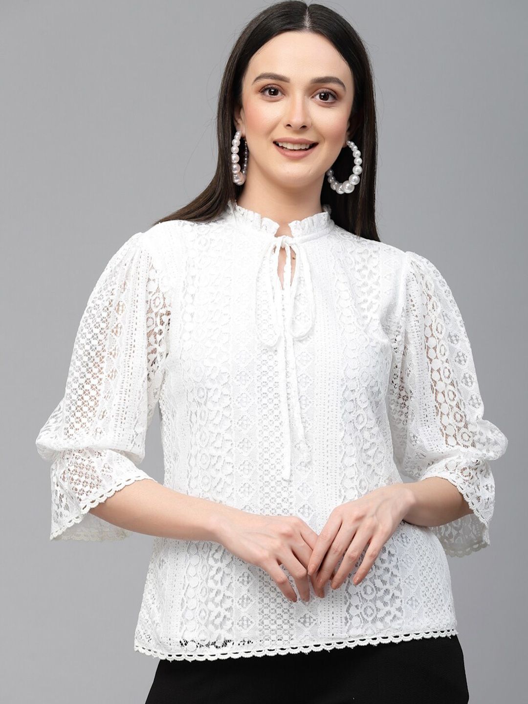 Style Quotient Self Design Tie-Up Neck Puff Sleeves Lace Cotton Top