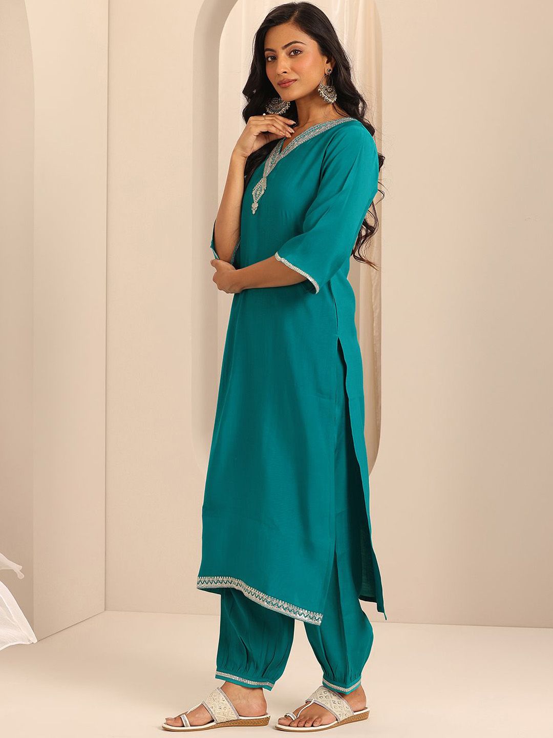 Gerua By Libas Floral Yoke Design Sequinned V-Neck Straight Kurta With Salwar & Dupatta