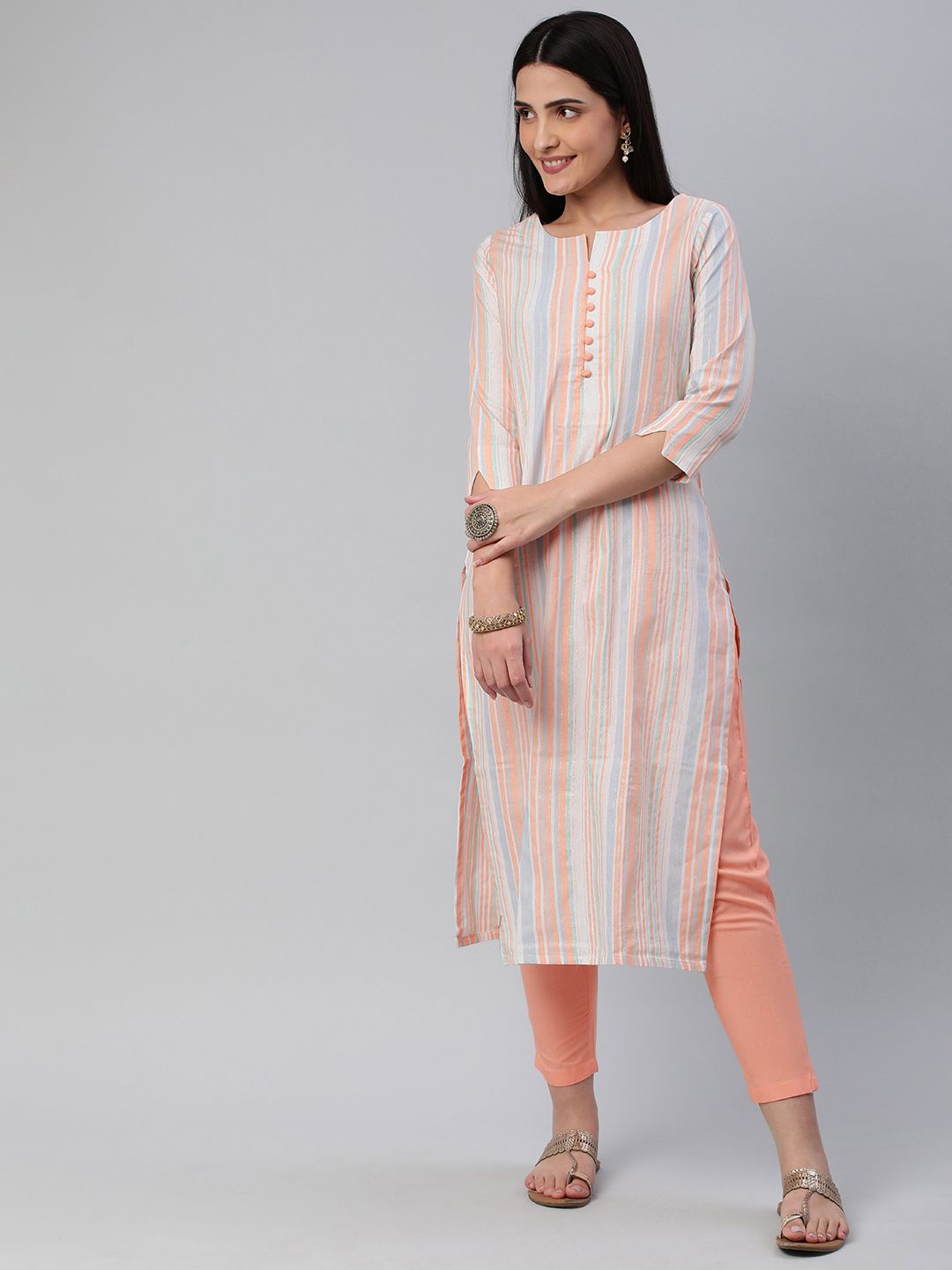 KALINI Women Striped Pure Cotton Kurta With Trousers
