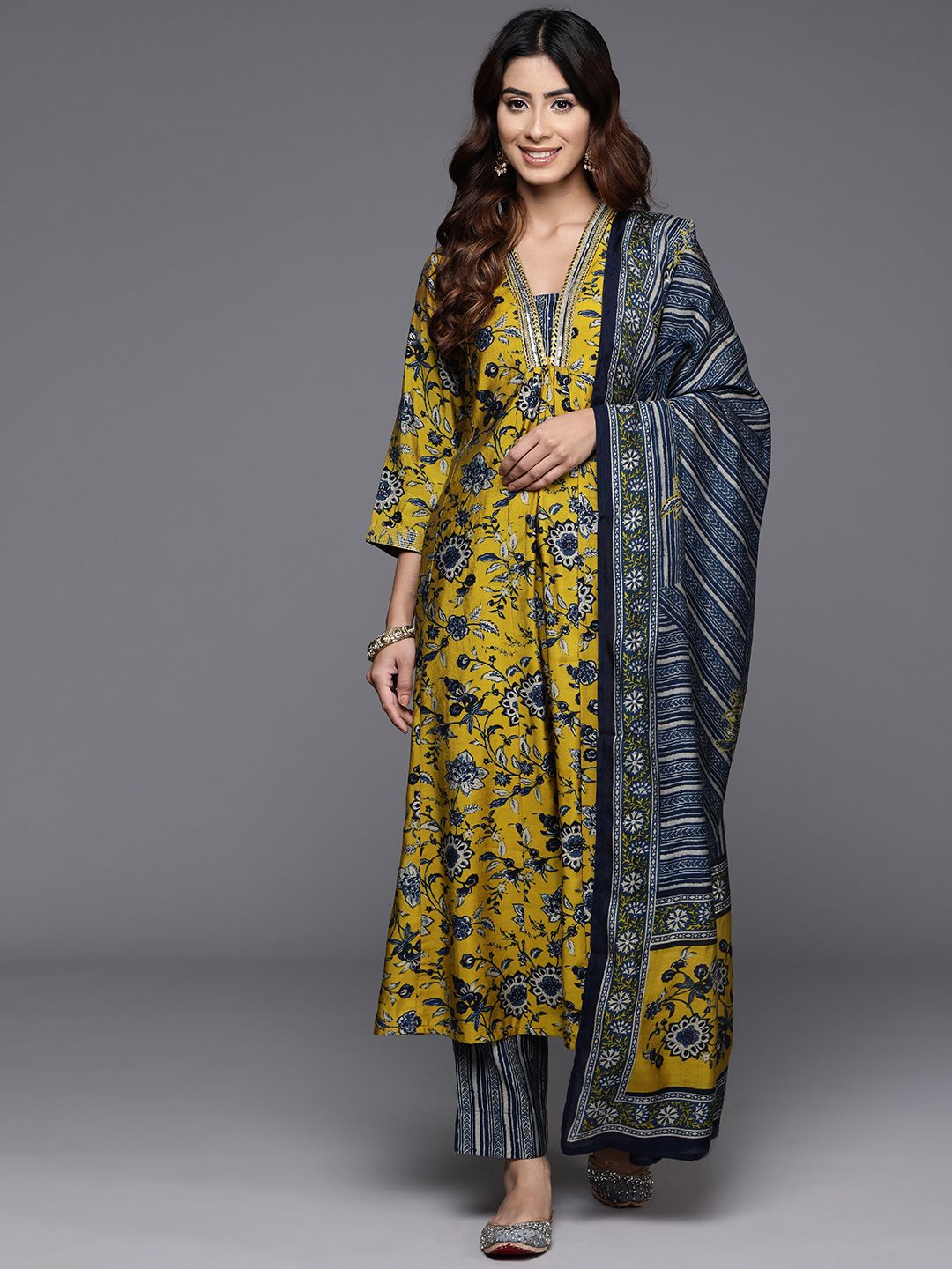 Varanga Floral Printed Sequinned Chanderi Silk Straight Kurta With Trouser & Dupatta