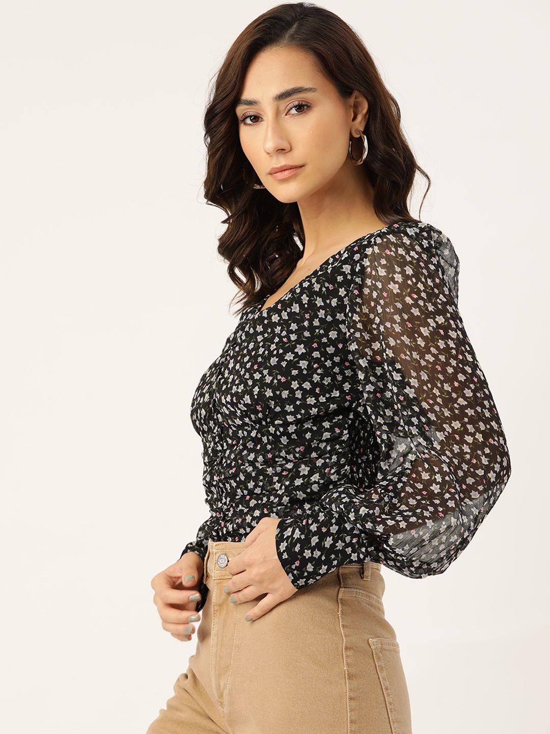 Antheaa Black & White Floral Printed Monochrome Chiffon Top
