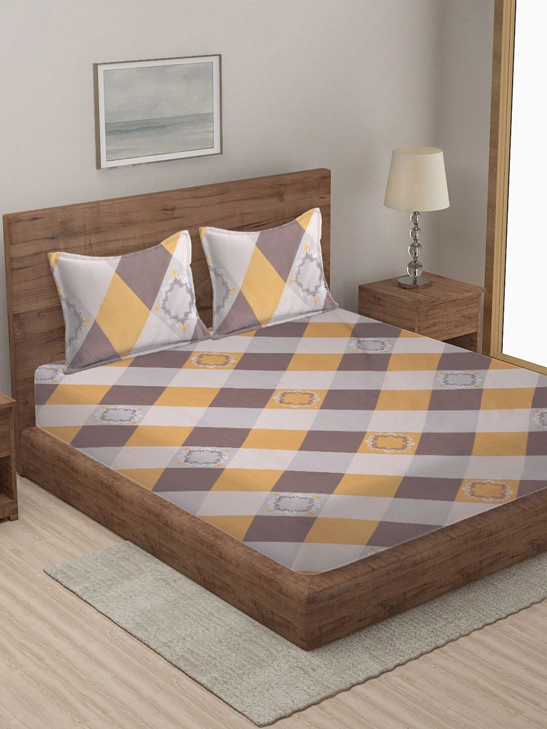 KLOTTHE Berbilang Warna Kapas Geometrik 300 TC Cadar King Halus dengan 2 Sarung Bantal-98 x 89 inci