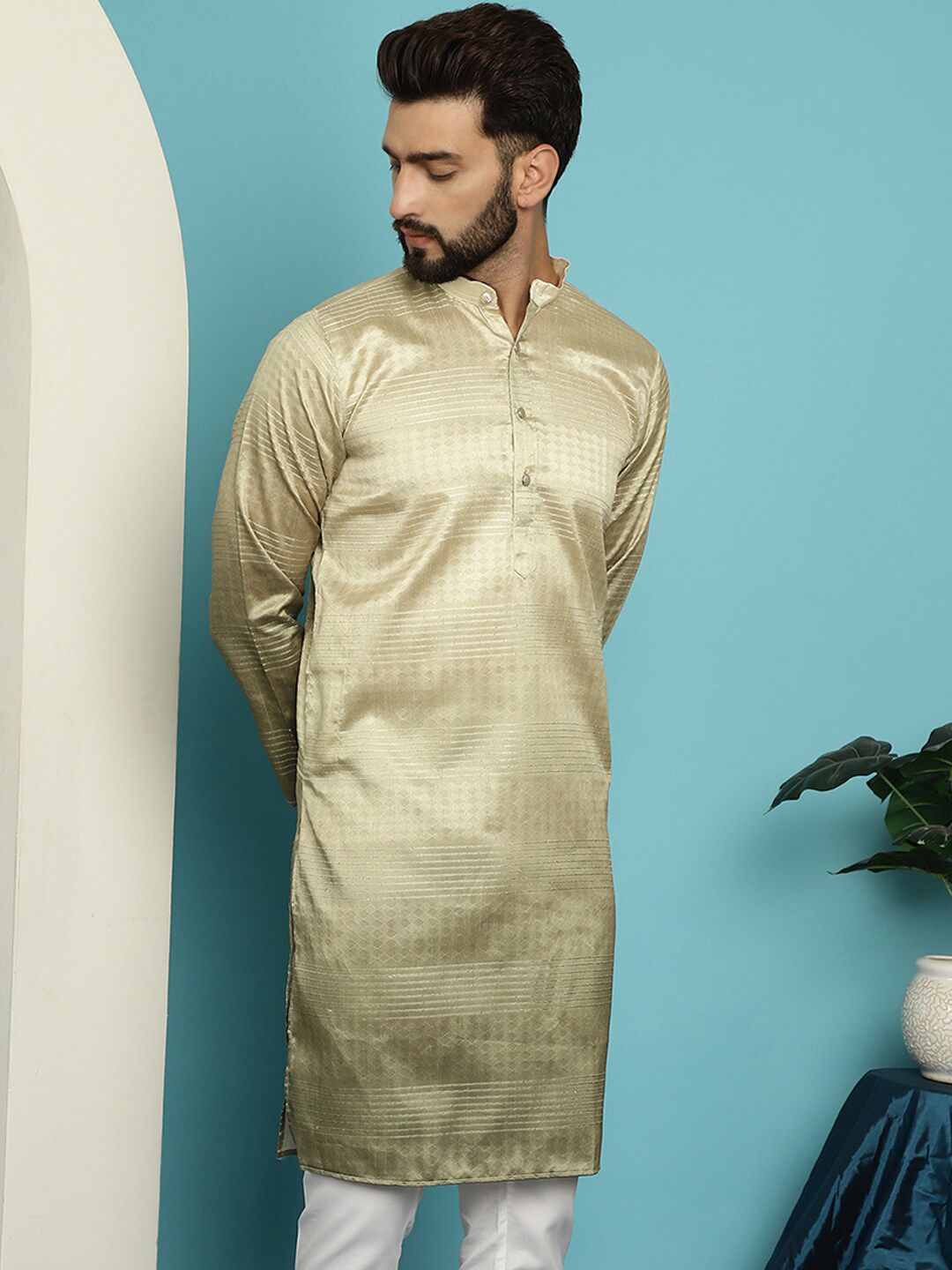 SOJANYA Ethnic Motifs Woven Design Jacquard Mandarin Collar Straight Kurta