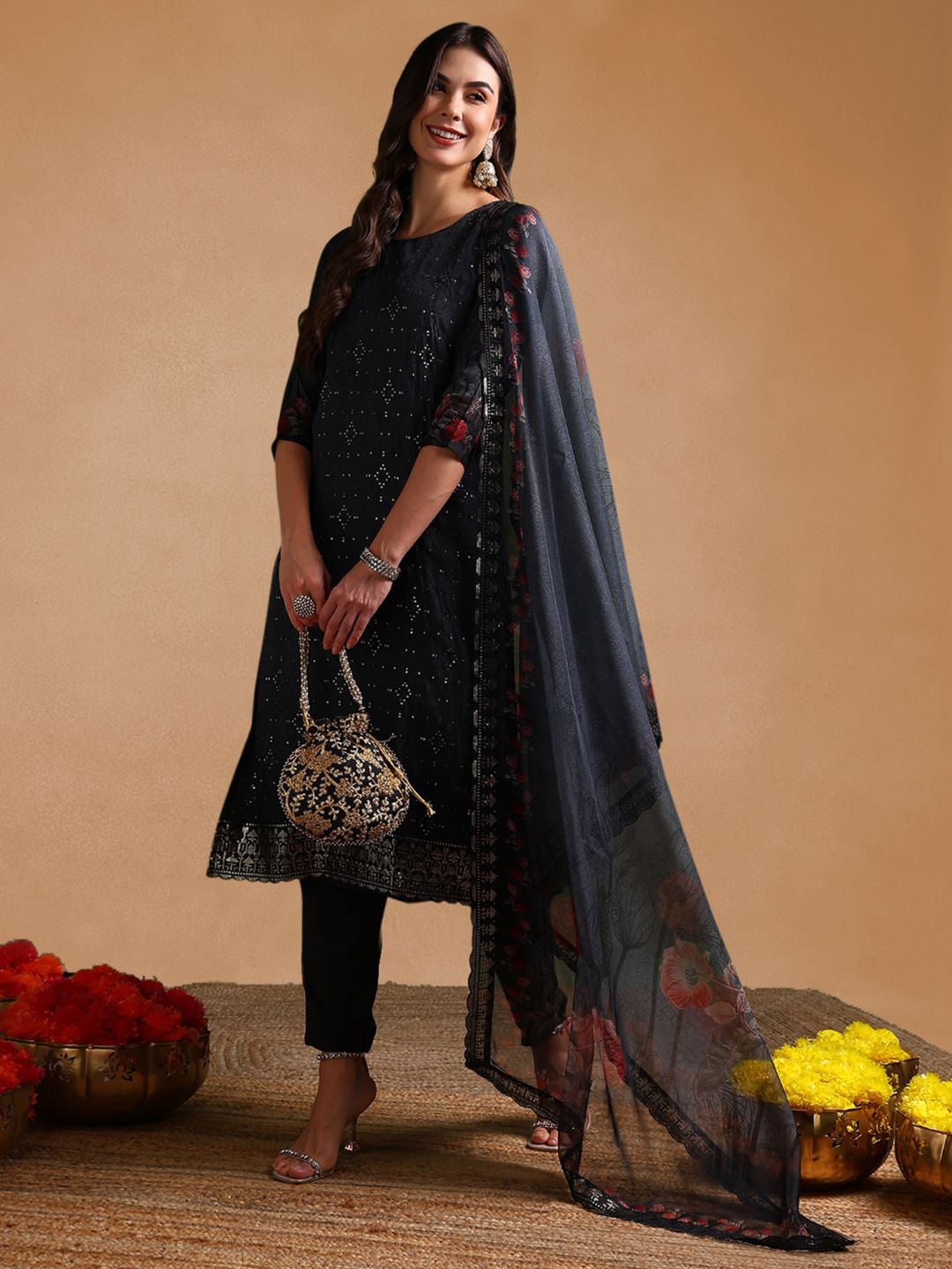 KALINI Floral Embroidered Sequinned Organza Straight Kurta With Trousers & Dupatta