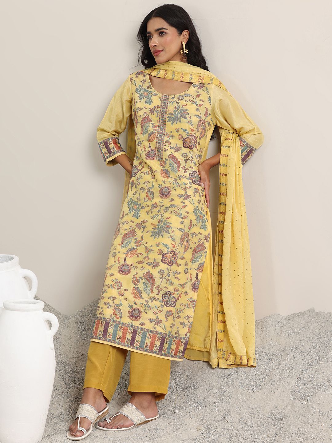 Libas Floral Woven Design Round Neck Regular Straight Kurta With Trousers & Dupatta