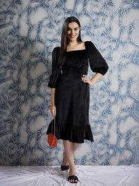Athena Black Square Neck Puff Sleeves Gathered Detailed Midi Sheath Dress