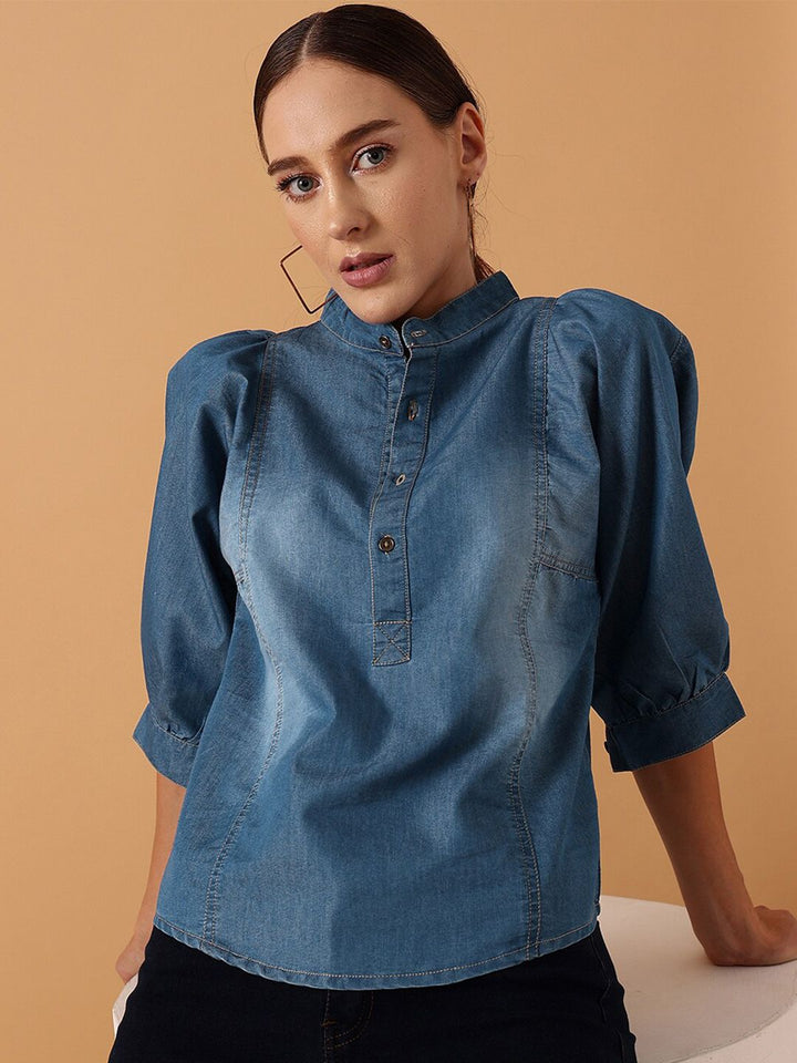 STREET 9 Puff Sleeves Pure Cotton Denim Mandarin Collar Shirt Style Top