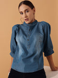 STREET 9 Puff Sleeves Pure Cotton Denim Mandarin Collar Shirt Style Top