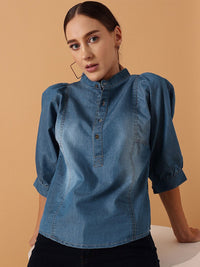 STREET 9 Puff Sleeves Pure Cotton Denim Mandarin Collar Shirt Style Top