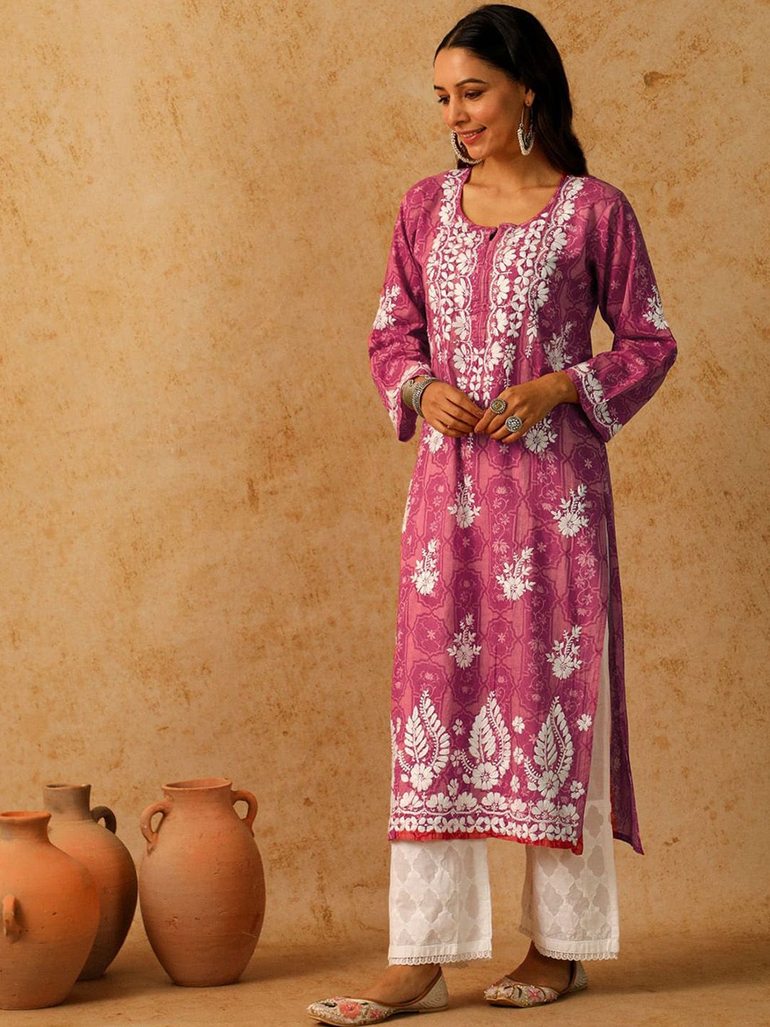 Rumah Wanita Chikankari Pink Mulmul Chikankari Sulam Kurta