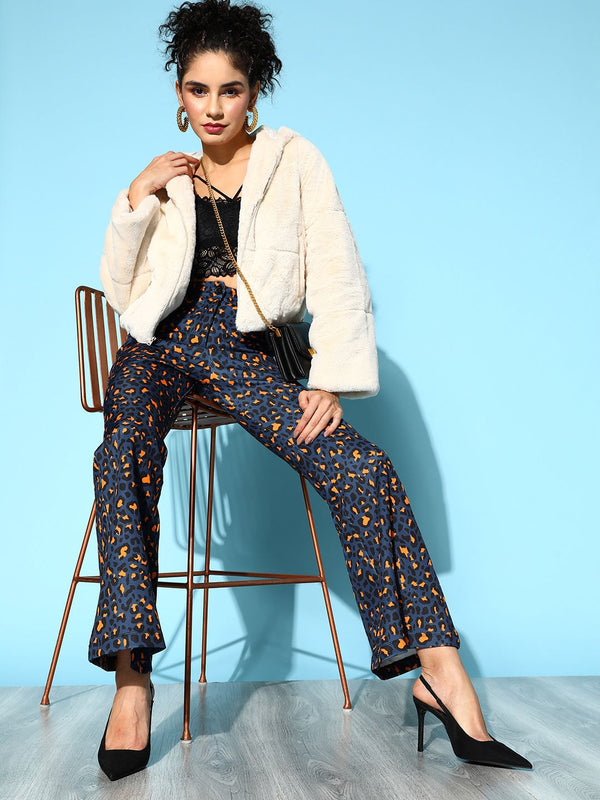 SASSAFRAS Women Navy Blue & Black Cheetah Printed Trousers